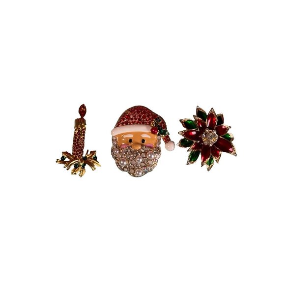 Vintage Santa Candle & Poinsettia Jeweled Christmas Brooch Pin Set Napier Monet - Picture 11 of 11